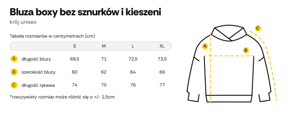 Tabela rozmiarów Bluza boxy bez kieszeni i sznurków, krój unisex