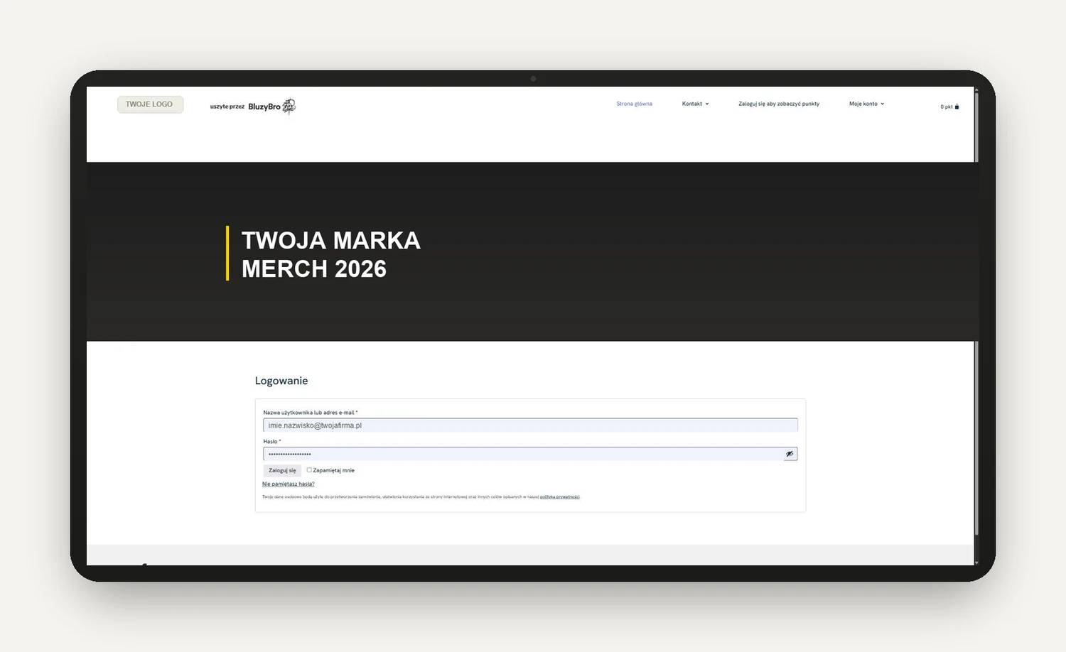 Platforma z merchem dla pracowników pokazana na tablecie: ekran logowania i licznik punktów pod marką klienta